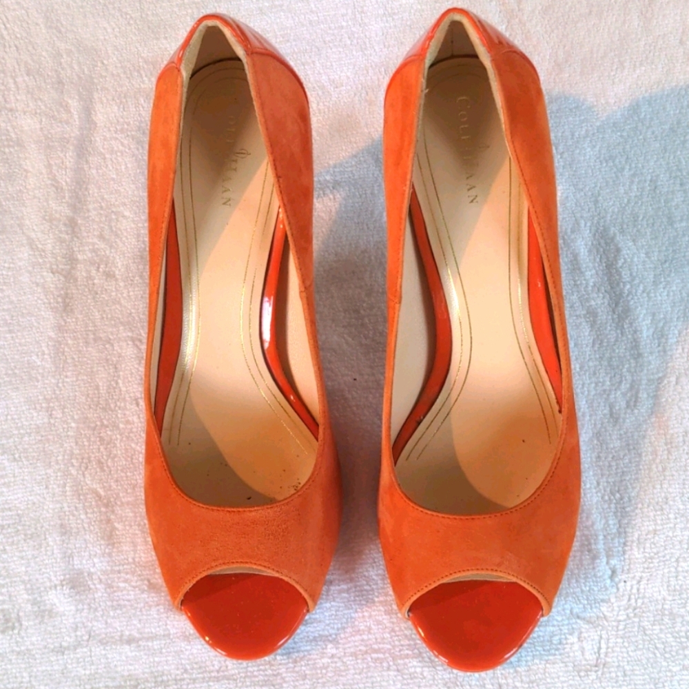 Cole Haan Orange Suede Peep-Toe Heels